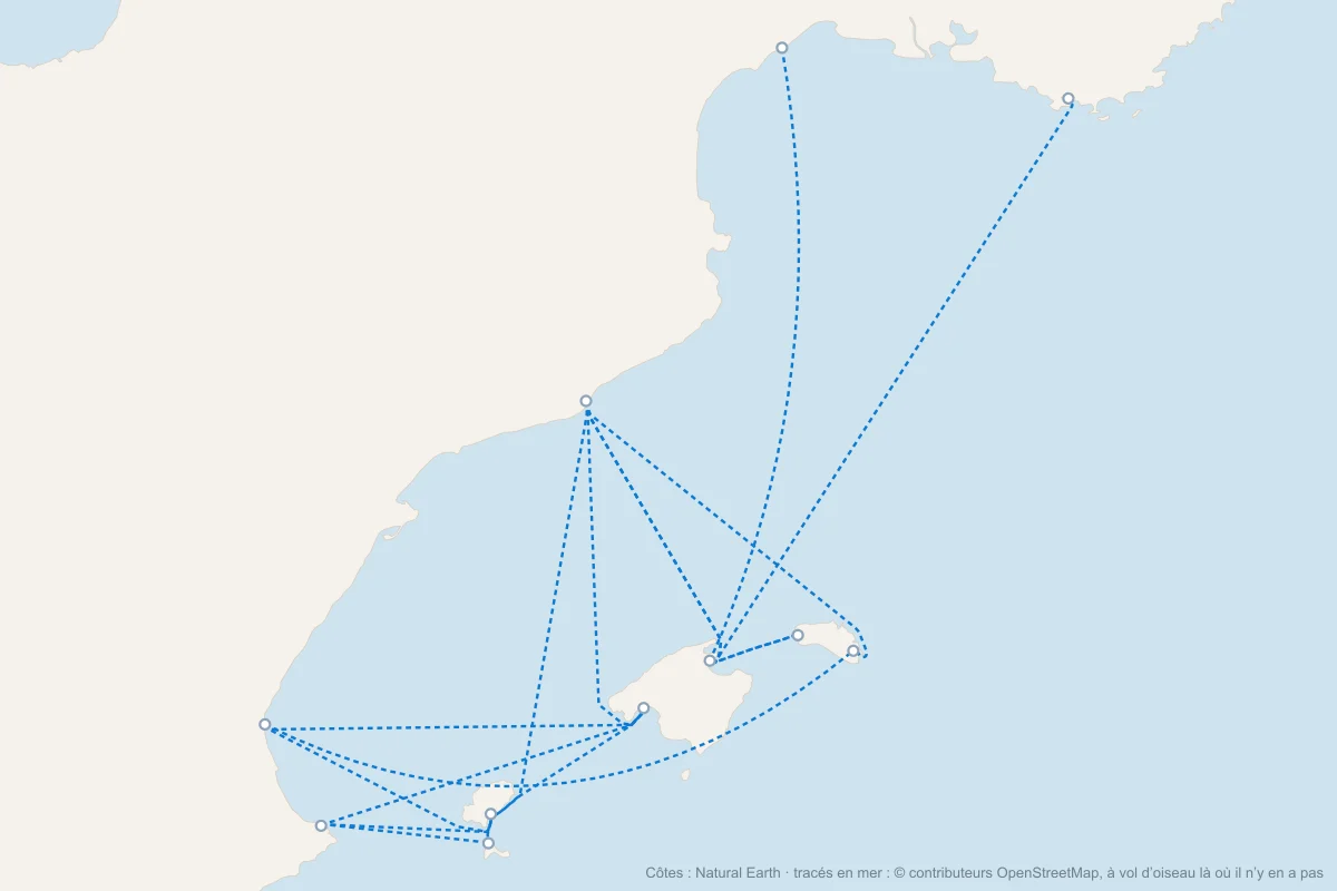 Carte des ferries vers Majorque, Minorque, Ibiza et Formentera, depuis la France et l’Espagne