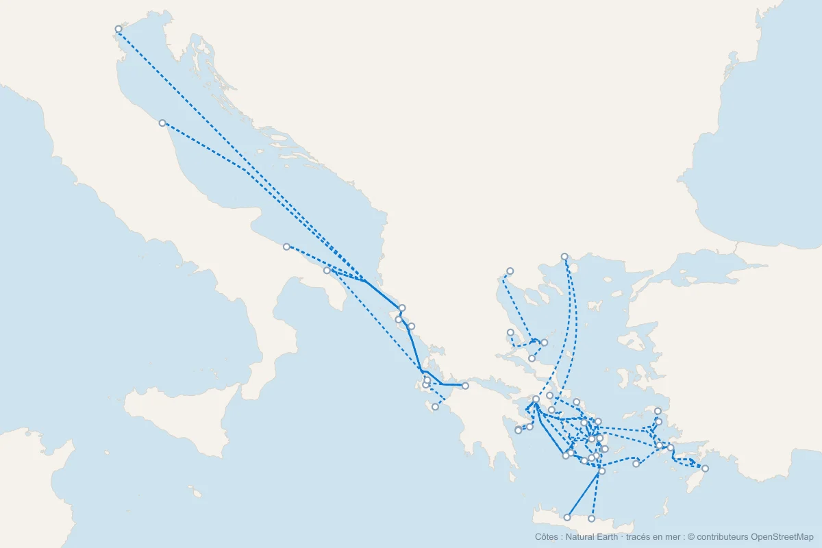 Carte de tous les ferries vers et depuis la Grèce