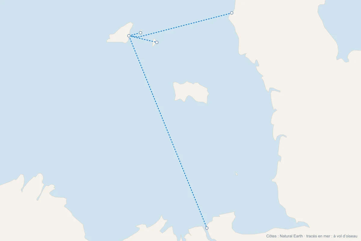 Carte des bateaux vers Guernesey depuis Saint-Malo et Diélette, et de Saint-Pierre-Port vers Sercq et Herm