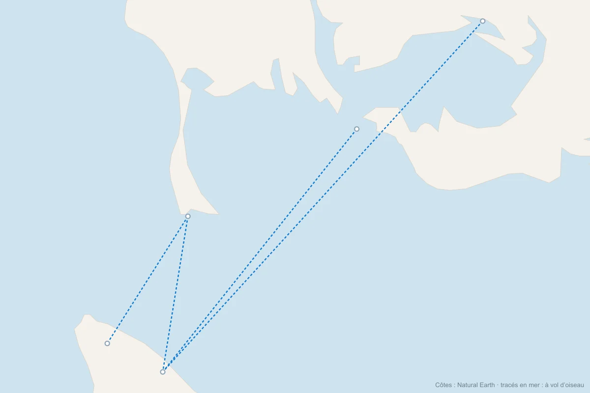 Carte des bateaux vers Belle-Île depuis Quiberon, Vannes et Port-Navalo