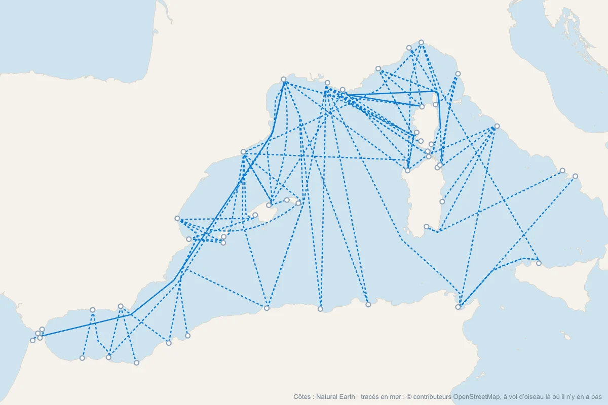Carte des ferries de la Méditerranée depuis la France, l’Espagne et l’Italie vers la Corse, la Sardaigne, les Baléares, le Maroc, l’Algérie et la Tunisie