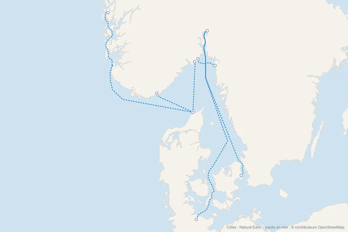 Carte de tous les ferries vers la Norvège