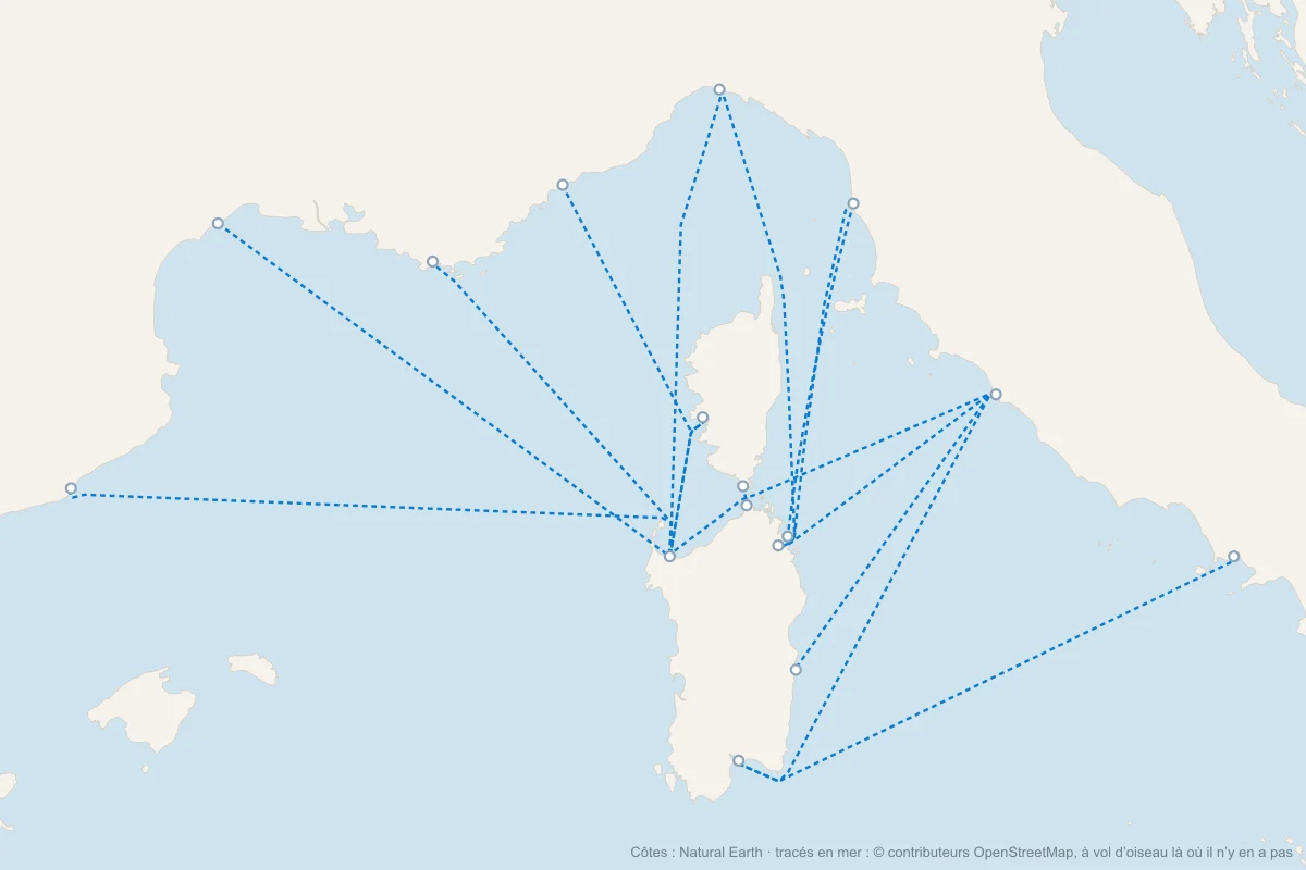 Carte des ferries vers la Sardaigne depuis la France, la Corse, l’Italie et l’Espagne